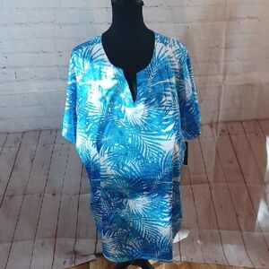 365 Swim Tropical Blue Print   Stretch Baggy Top -WBra NWT Sz26